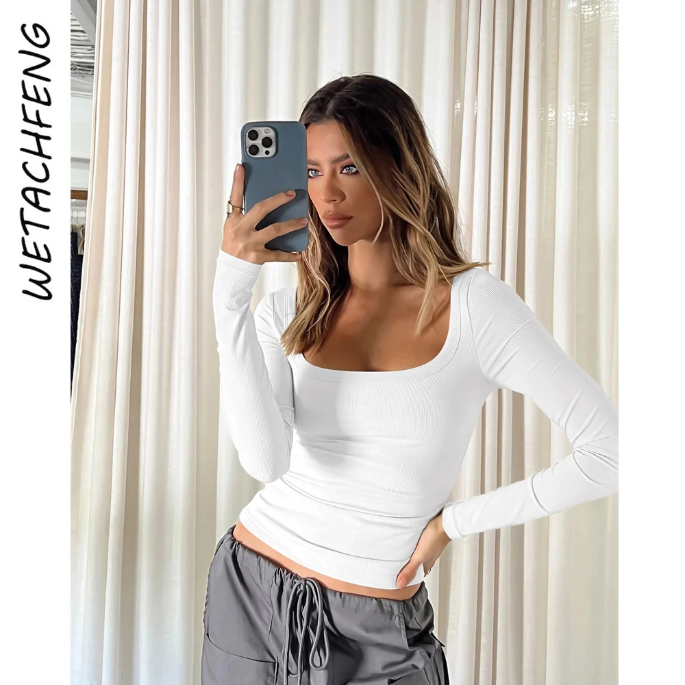 Sexy Ski Tops T Shirts White Women Clothing Knit Ribbed Long Sleeve U Collar Skinny Crop Tops 2023 Fashion Bodycon Base Tops