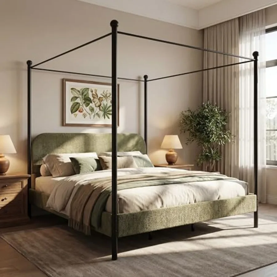 King Size Upholstered Canopy Bed Frame with Boucle Fabric, Curved Headboard and Iron Legs, Modern Platform Bed Frame with Slats view 4