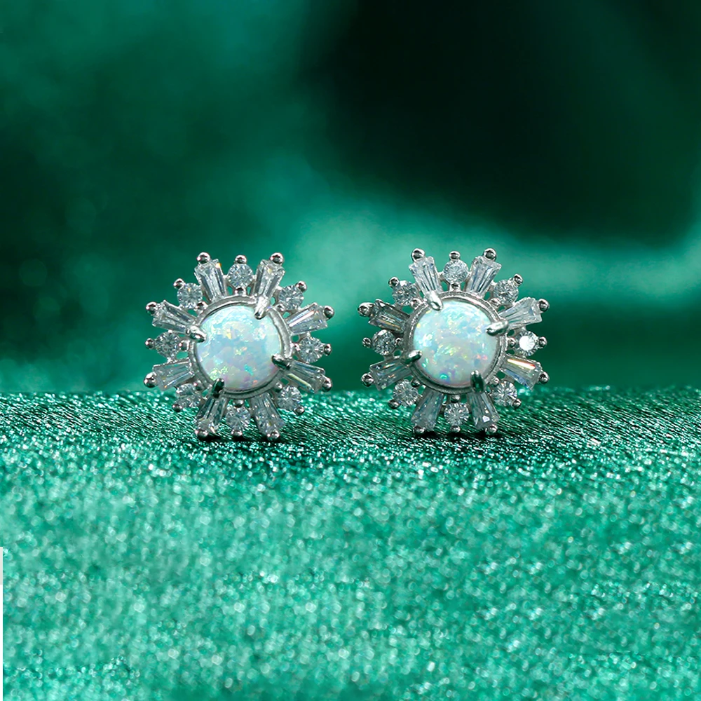 

White Fire Opal Stud Earrings for Ladies Sterling Silver Tapered Baguette Diamond Stud Earrings