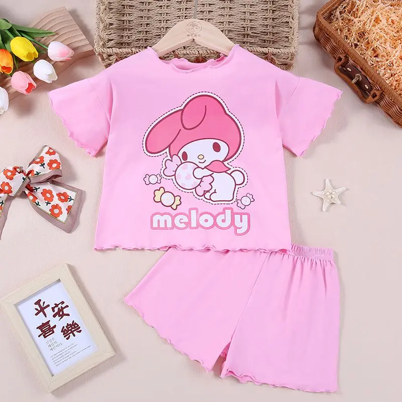 

Kuromi My Melody Anime Kawaii Sanrio Short Sleeve Pajamas Summer Cute Cartoon Cinnamoroll Homewear Shirt Clothing Gifts for Kids