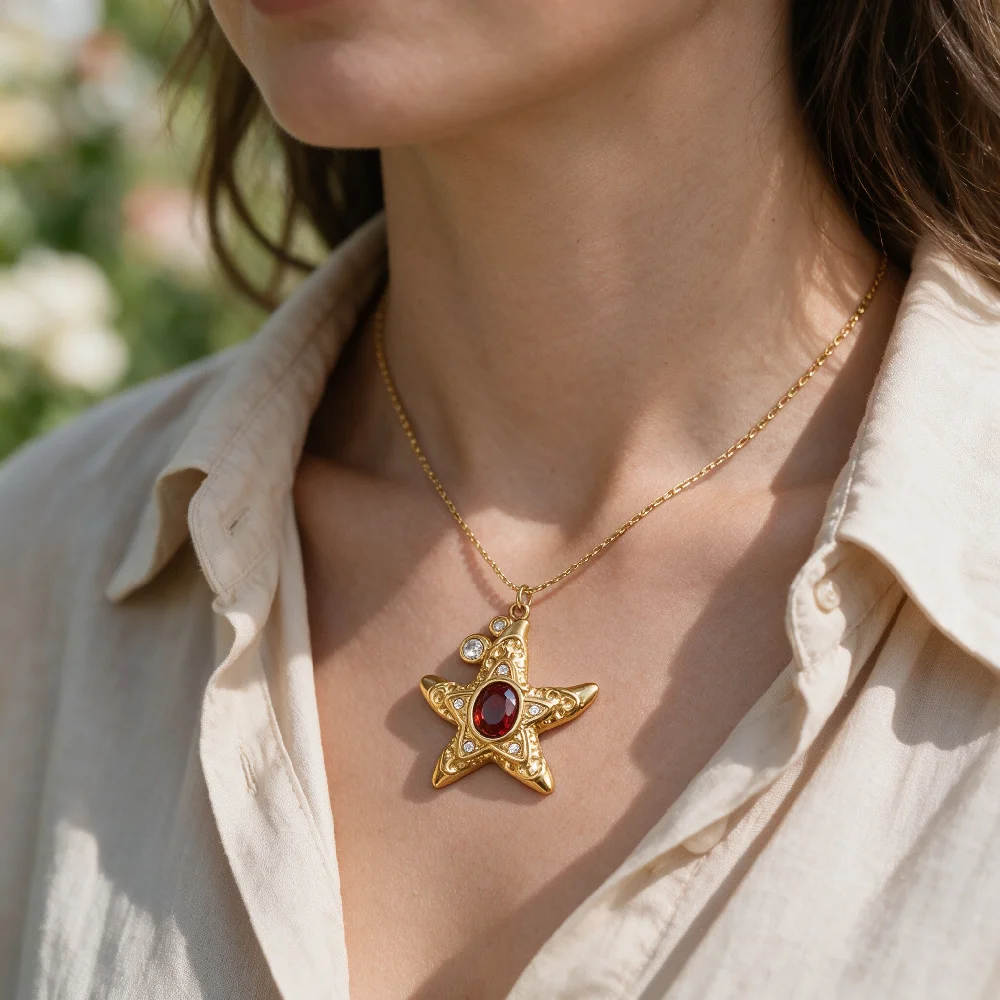 1pc AENSOA Woman Stainless Steel Necklace Dainty Starfish Setting Zircon Pendant Neck Chain Classic Party Jewelry Gift