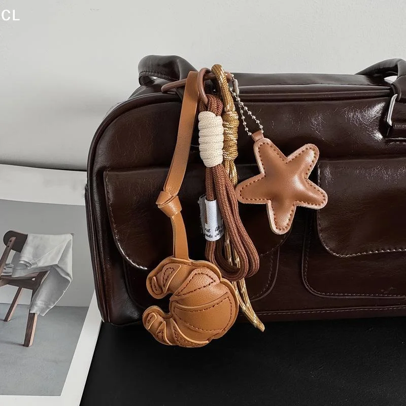 Summer Leather Croissant Keychain Cute Star Keyring Mobile Phone Bag Pendant Key Ornaments Gifts Beautiful And Practical
