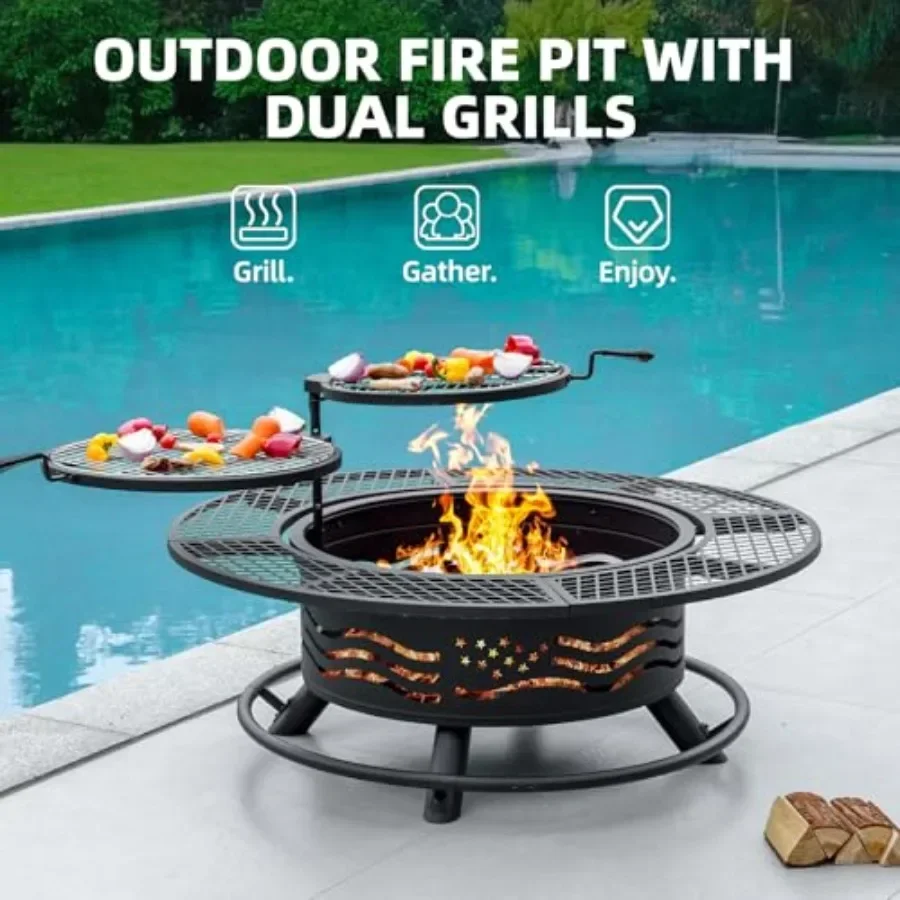 47 Inch Fire Pit for outdoor use, stainless steel, black, includes 2 cooking grates and table lid