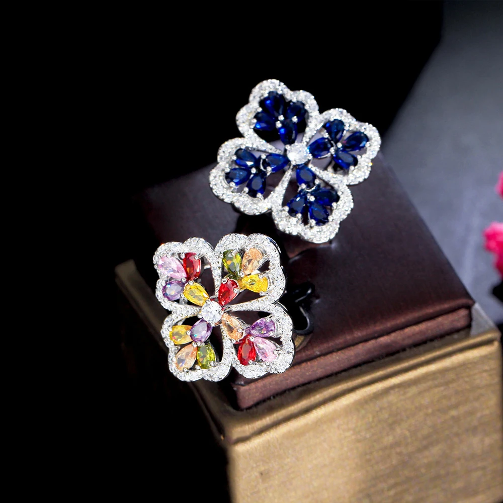 BeaQueen Gorgeous Colorful Cubic Zircon Crysta Big Flower Four Leaf Finger Rings for Women Anniversary Jewelry Festive Gift R201