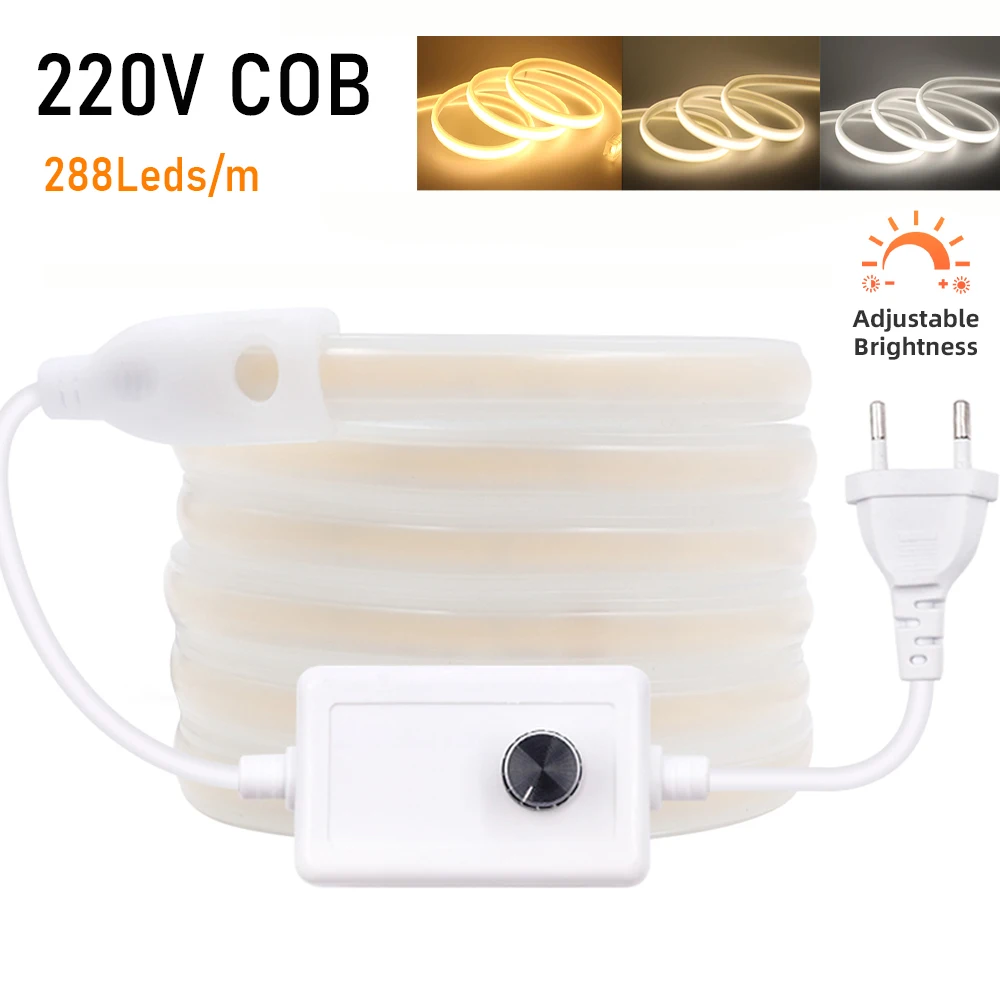 

Dimmable 220V COB LED Neon Light Strip Switch EU Plug RA90 Waterproof Warm Natural White 288Leds Flex Lamp Cabinet Room Lighting