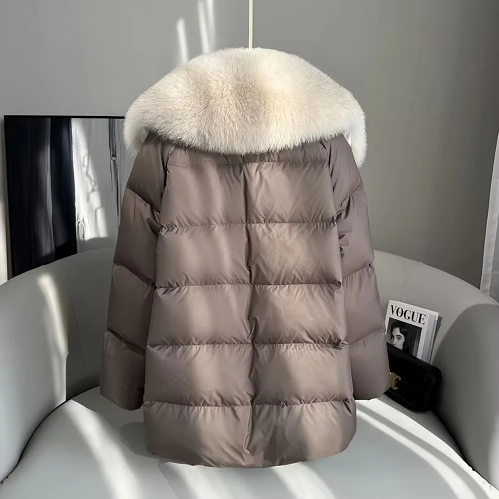 Entendaunenjacken für Damen, einreihiger Mantel, Windjacke mit Pelzkragen, gespleißt, Winter, neu, 2025