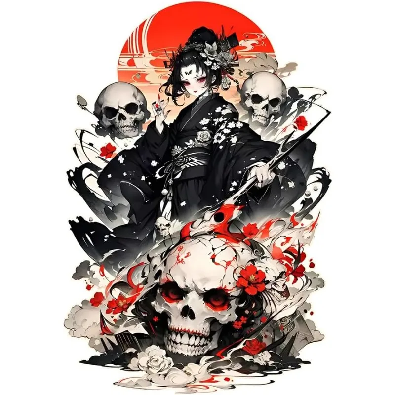 17cm Japanese Kimono Skull Anime Girl Vinyl Sticker, Self-Adhesive Decal for Car,Motorcycle,Camper,Water Bottle & Luggage Decor
