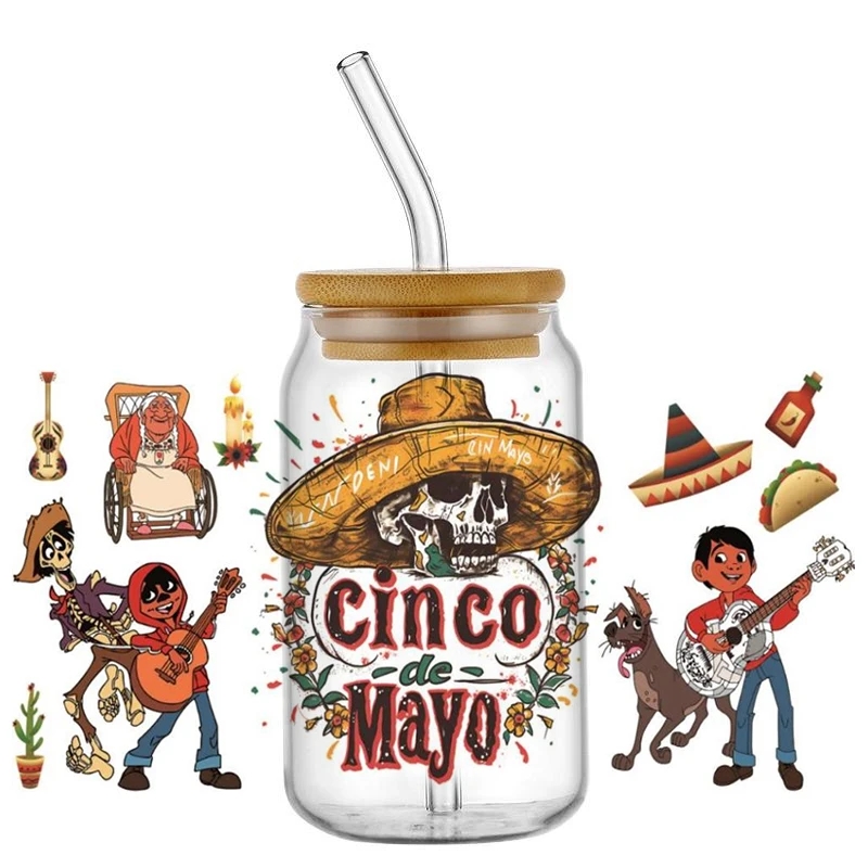 popular Cartoon music Coco Decals UV DTF Cup Wraps Transfer Stickers For 16OZ Libbey Glass Can Bottle Selfadhesive Waterproof