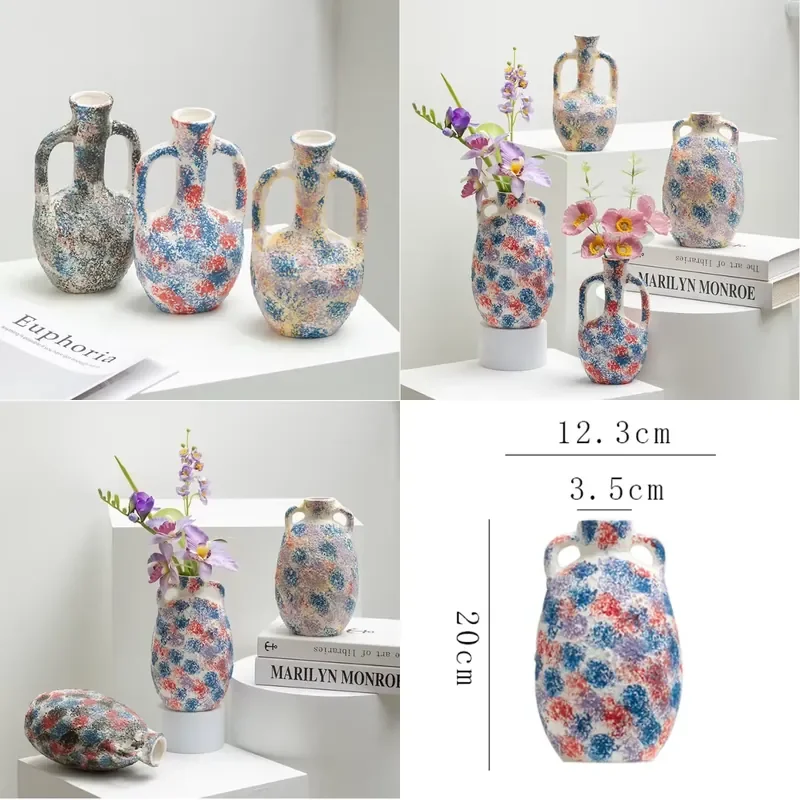 Antique Ceramic Vase with Handles Retro Farmhouse Decor for Home Living Room Decoration