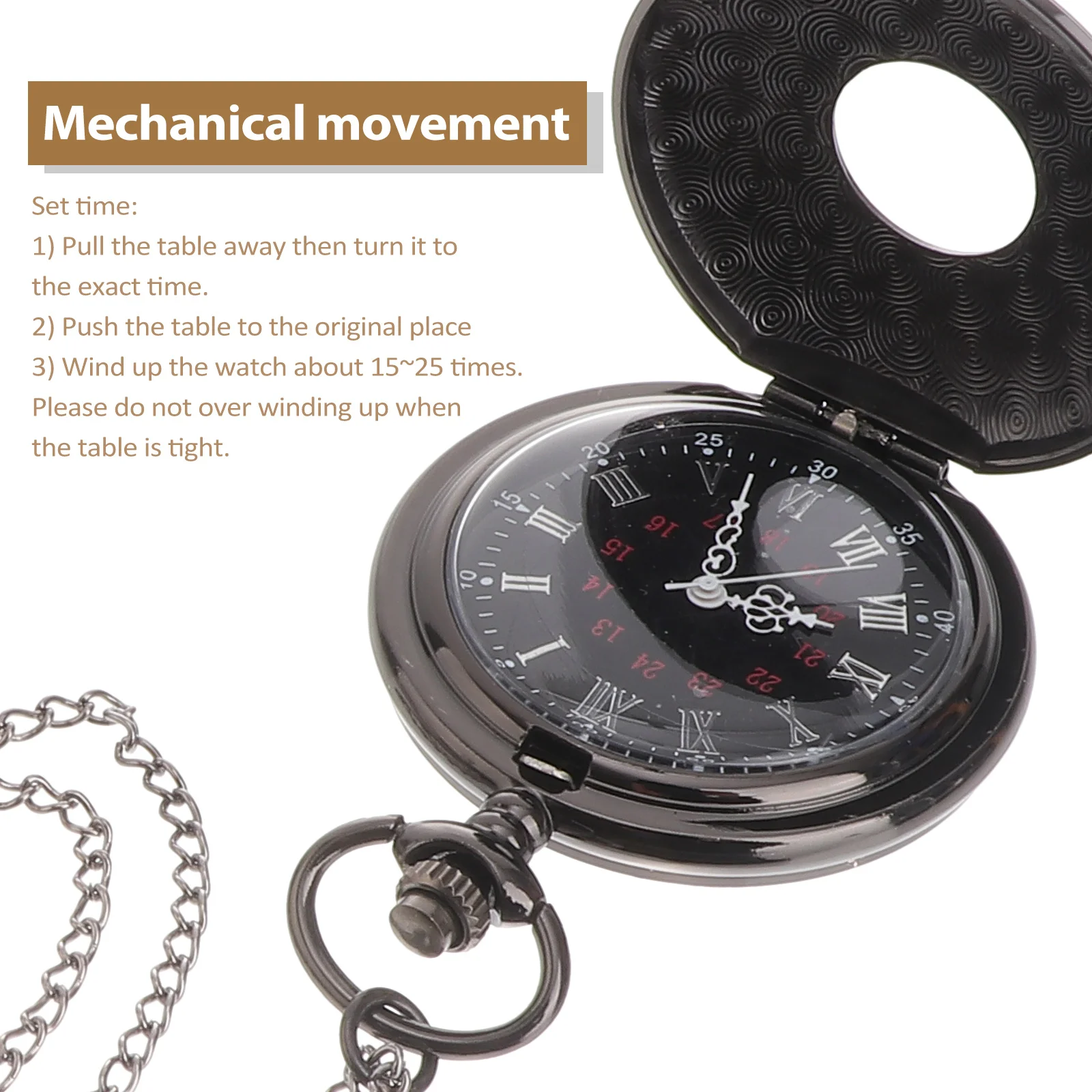 

Pocket Watch Black Retro Vintage Steampunk Quartz Roman Numerals Round Dial Mineral Glass Mechanical Hand Wind Movement