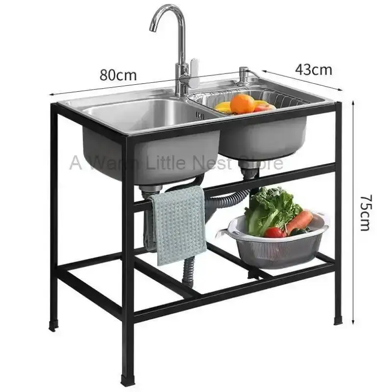 Dishwashing Floor-standing Home Sinks Thickened Kitchen Single Sinks with Bracket Stainless Steel Double Slot Basin with Shelf