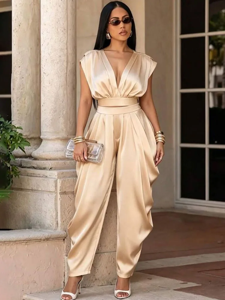 

Doyerl Solid 2 Piece Set for Woman Elegant Club Party Deep V-neck Ruched Crop Top and Pants Matching Sets Outfits Ensemble