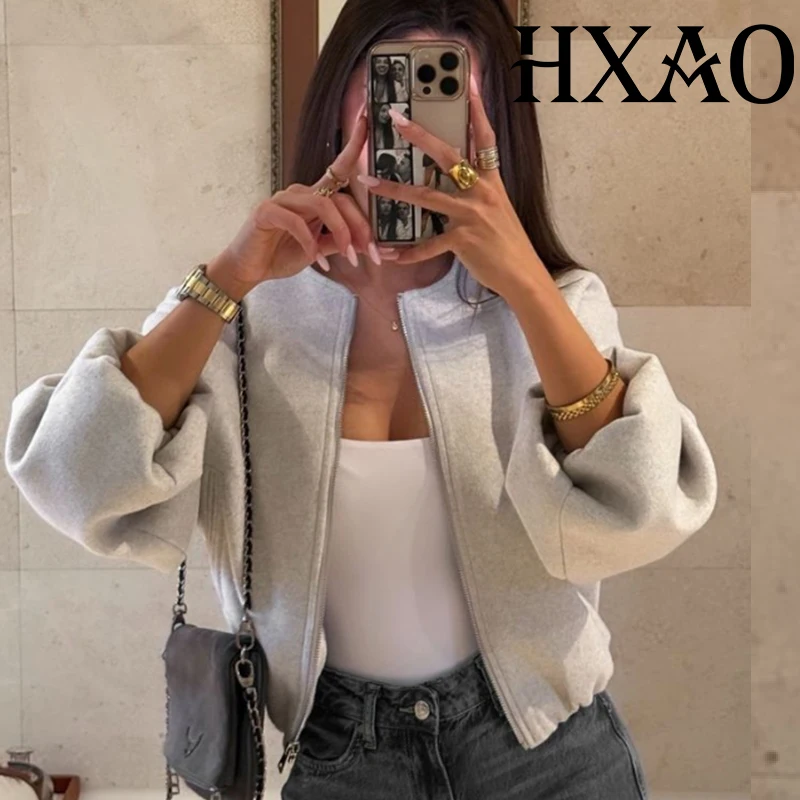 

HXAO Women's Jackets Outerwears Autumn Cropped Bomber Jackets Faux Wool & Blends Coats For Women Winter Woman Tweed Solid Coats
