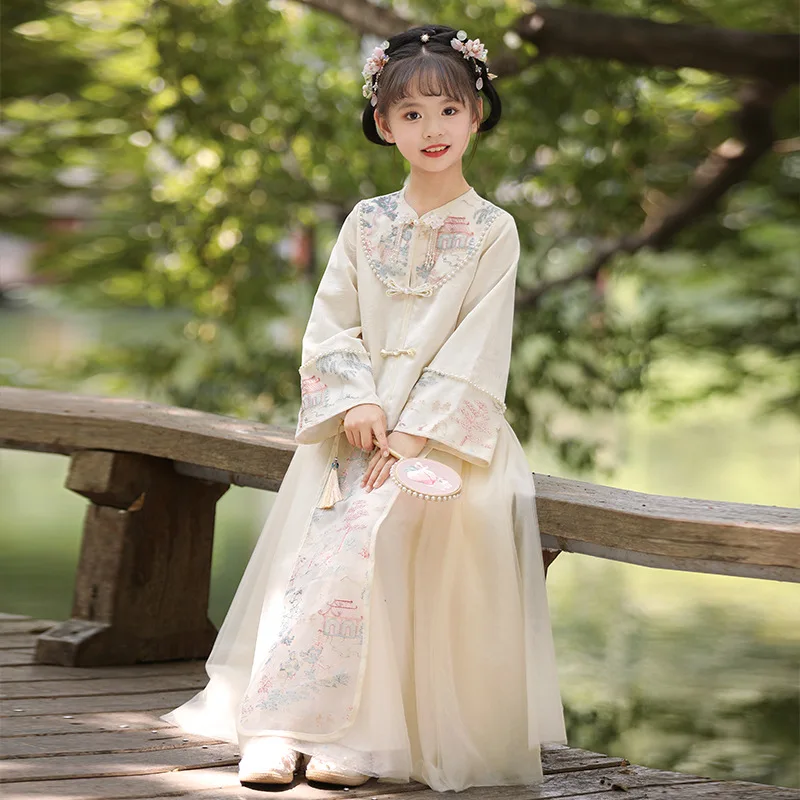 

Sweet Girls 2025 Spring New Chinese Hanfu Dress Tang Suit Two-Piece Long Sleeve Blouse Skirt Set Children Daily Dresses