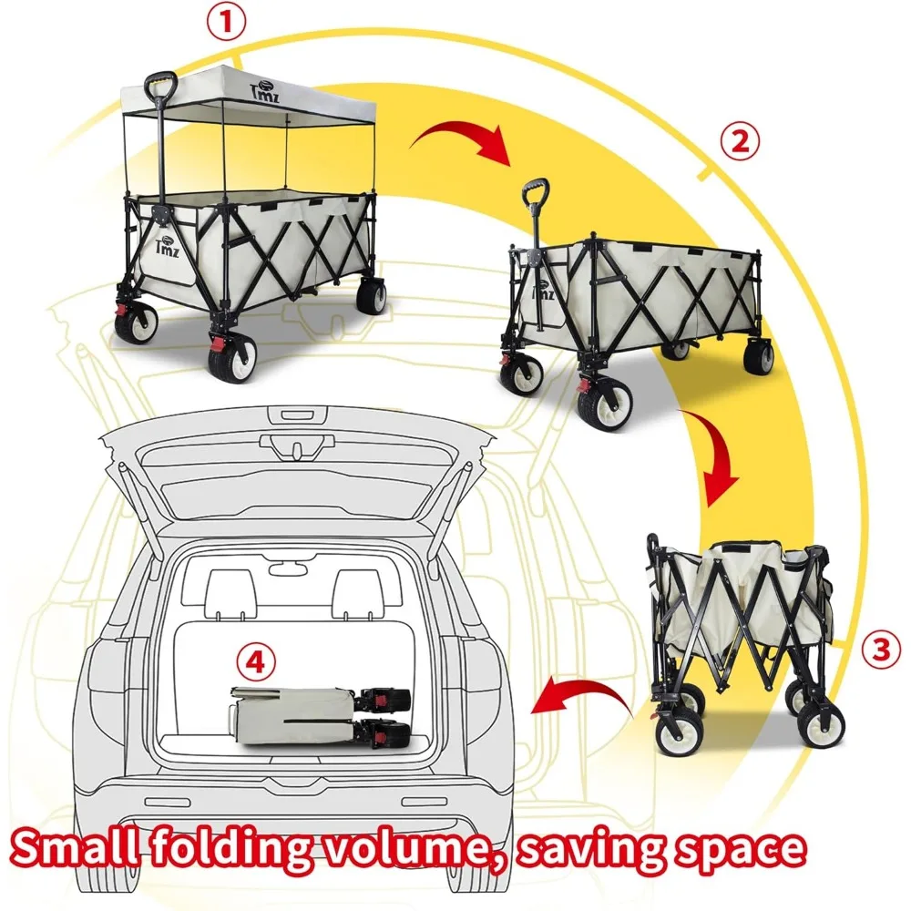Extra Large Heavy Duty Foldable Cart 445L Capacity All-Terrain Wheels Utility Wagon with Canopy and Brakes for Beach and Outdoor