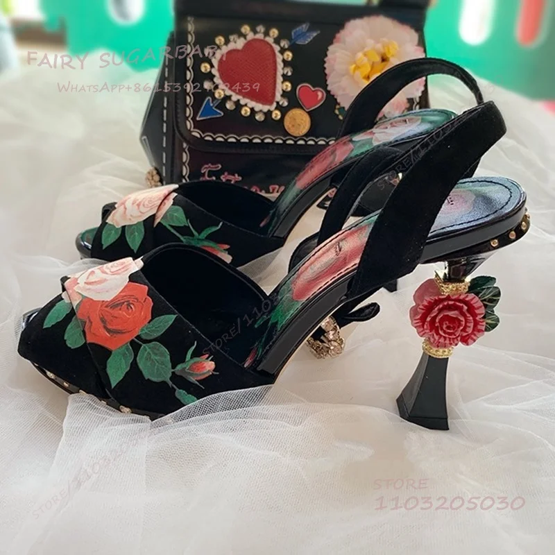 Rose Red Strange Heel 3D Design Open Flower Print Sandals Women Elegant Totem Hollow Open Heel Sexy Vacation Dress Colors Shoes