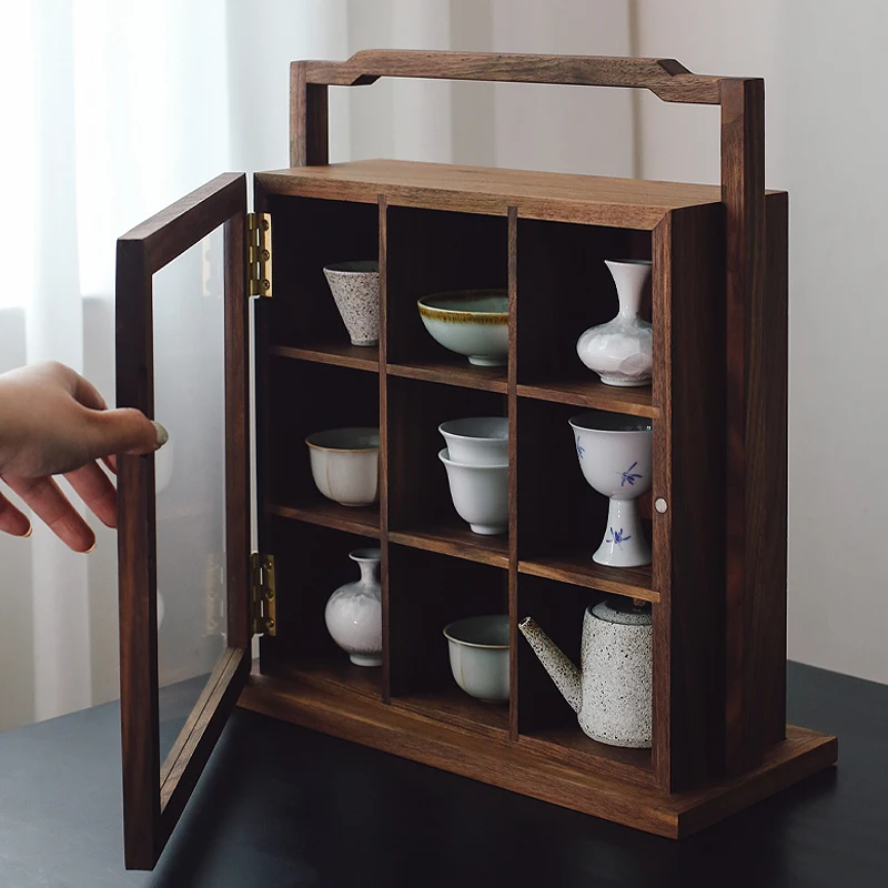 

Black walnut Jiugong Duobao grid desktop solid wood shelf tea set storage display box collection glass cabinet