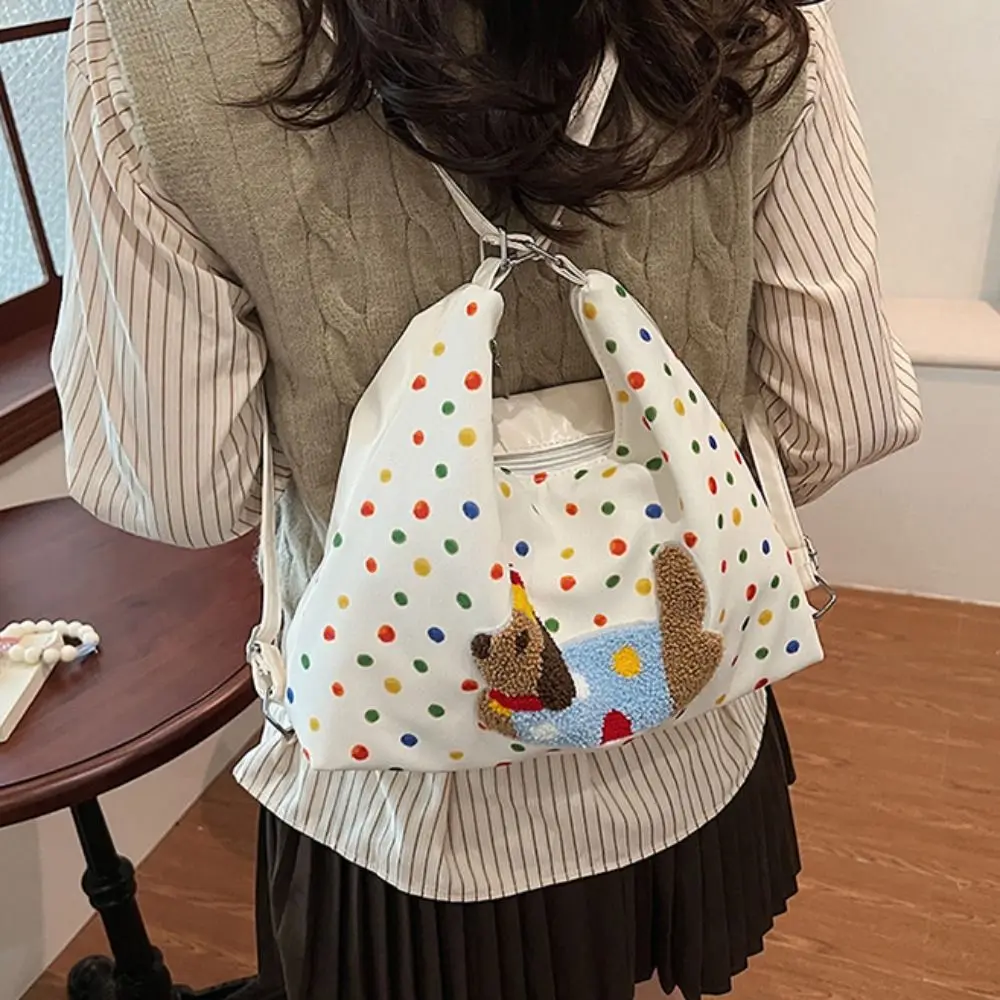 

Sweet Korean Style Puppy Embroidery Shoulder Bag Y2k Backpack Polka Dot Tote Bag Dopamine White/Brown Cartoon Handbag Travel