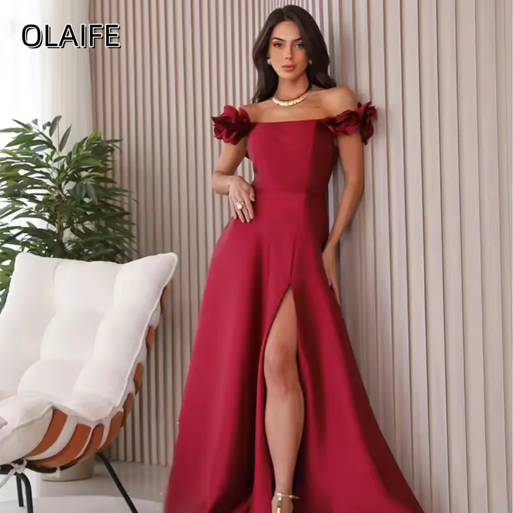 Satin A-Line Off The Shoulder Evening Dress Customized Flowers Sleeveless Slit Criss-Cross Sweep Train فساتين سهره نسائيه فخمة