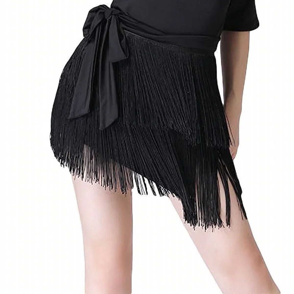 Jupe de danse ligne latine, Sexy, asymétrique, pompon, tissu tricoté solide, Mini jupe portefeuille, détail pour fête, carnaval, vêtements de danse