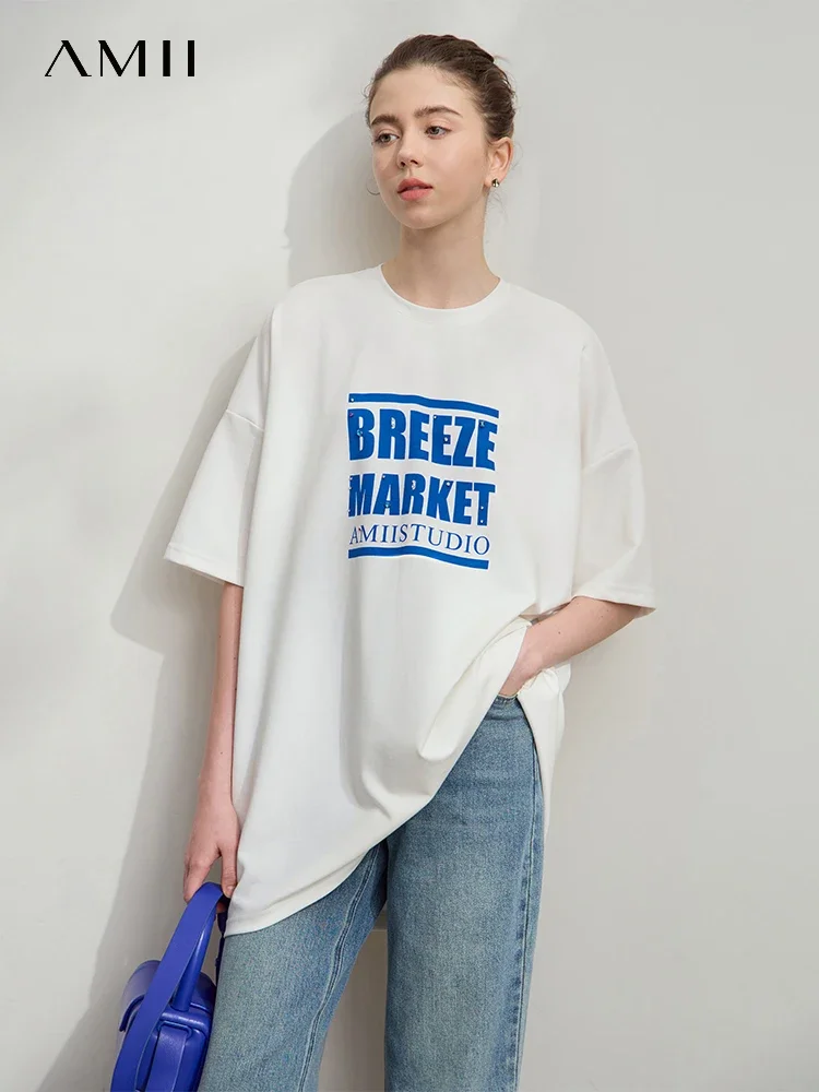 

AMII Minimalist T shirt For Women 2025 Spring New O Neck Letter Printed Drop Short Sleeve Loose Medium Long Tees Tops 12521048