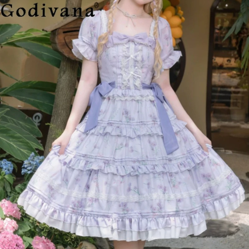 

Spring Summer Elegant Girl Lolita Purple Short Sleeve Square Neck Dress Fashion High Waist A-line Age-reducing Princess Dresses