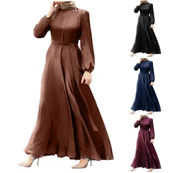 Dubai Abaya Fashion Muslim Dress Women Satin Party Sundress Puff Sleeve Maxi Vestidos Belted Female Solid Turkish Robe Femme