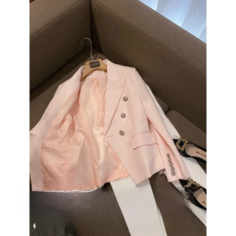 Faionable lichtroze damespak Jaet Commute Sle Slim Fit Lange Sve jas met knoopdetail en normale lengte