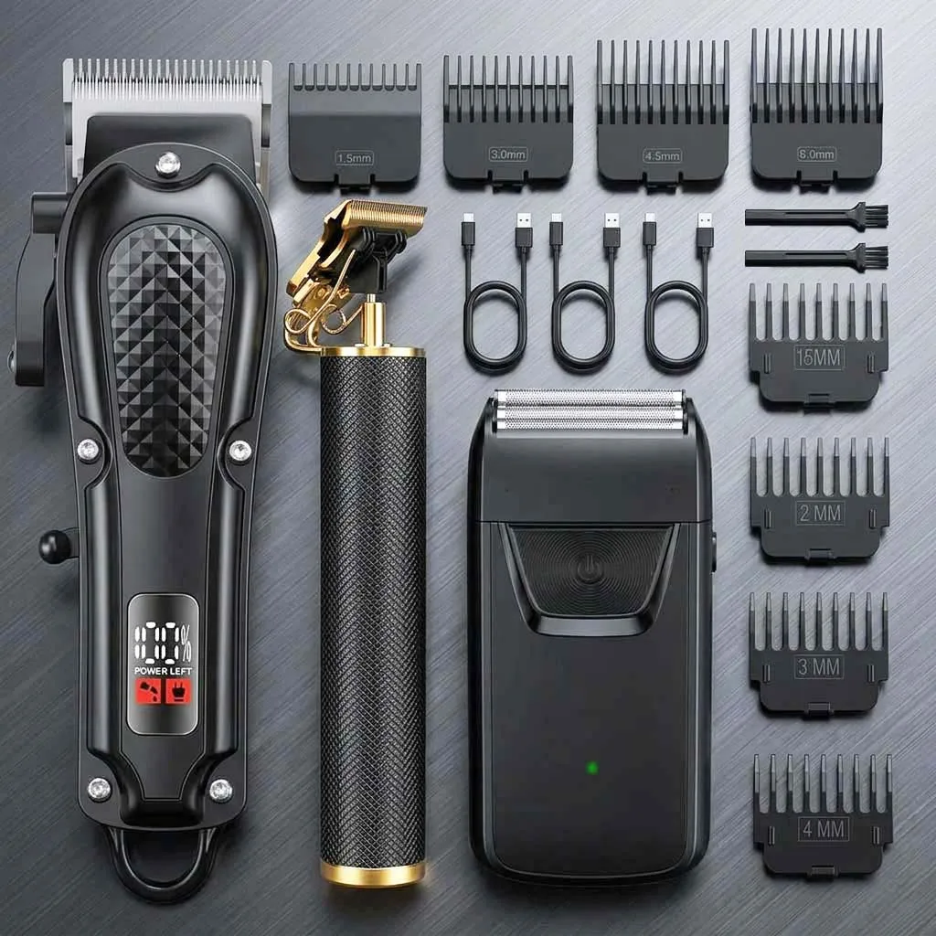 Professional 3-in-1 Electric Hair Clipper Set with LED Display, USB Rechargeable Cordless Trimmer for Men, Beard & Head Shaver Kit with Multiple Guide Combs