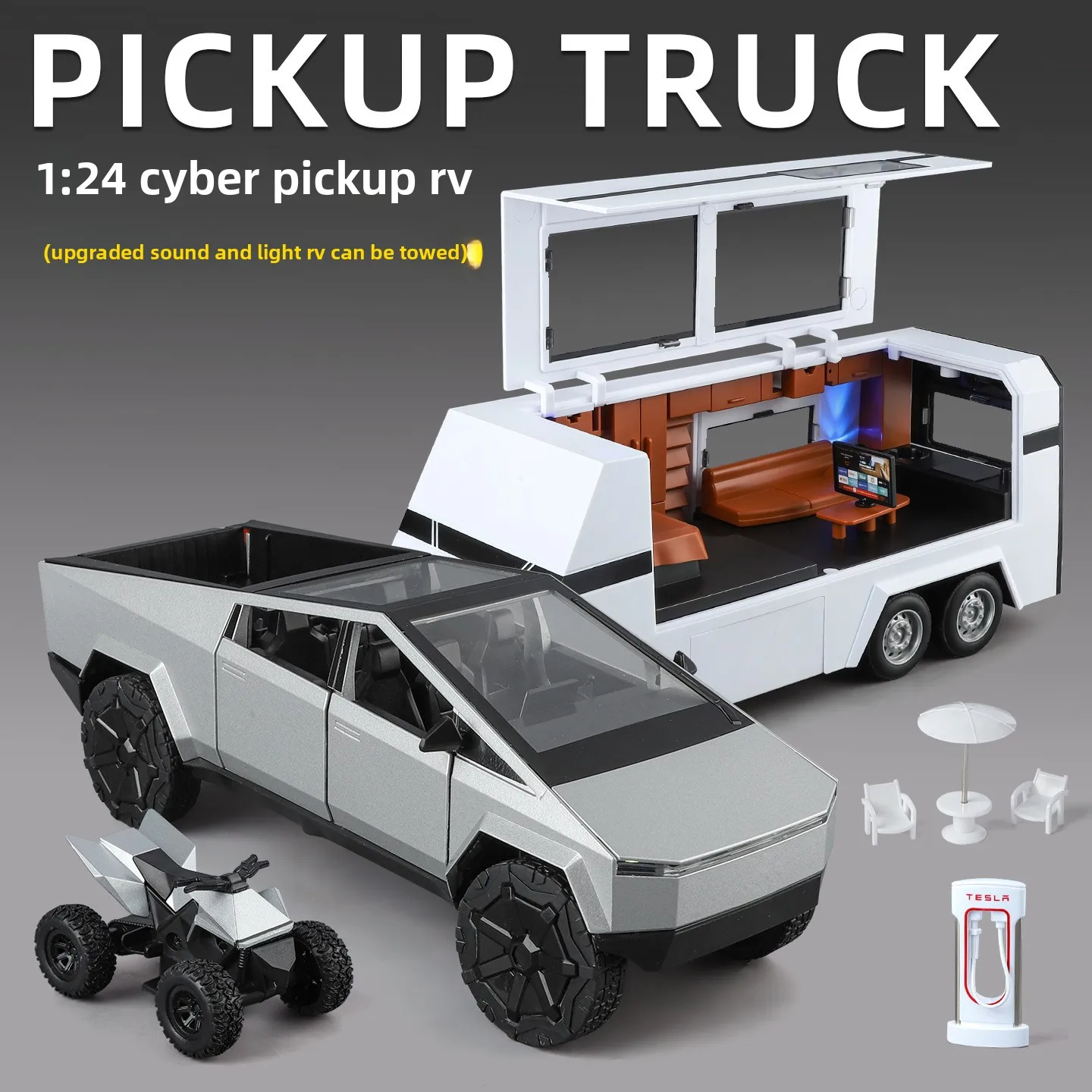 1:24 사이버트럭 픽업 트레일러 RV 금속 합금 장난감 자동차 모델 다이캐스트 오프로드 자동차 소년 어린이 선물 트럭 장식품
