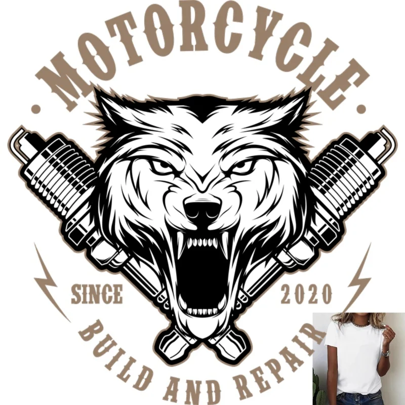 Cool Motorcycle - Themed Wolf Head Heat - Transfer White Ink Iron - on Patch, Trendy Street - Style Decor for T - Shirts &