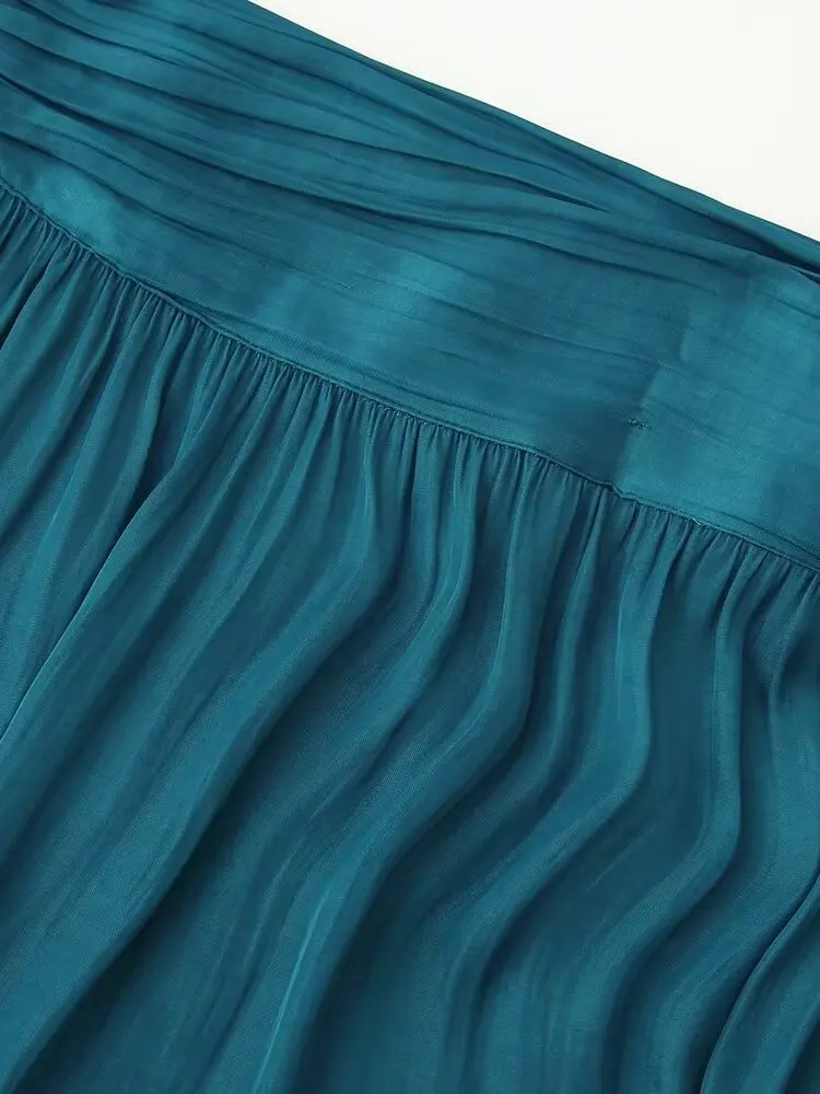 High Waist Pleated Midi Skirt Silk Satin Texture Women's New Fashion A-Line Skirt Standard Version Polyester Fiber