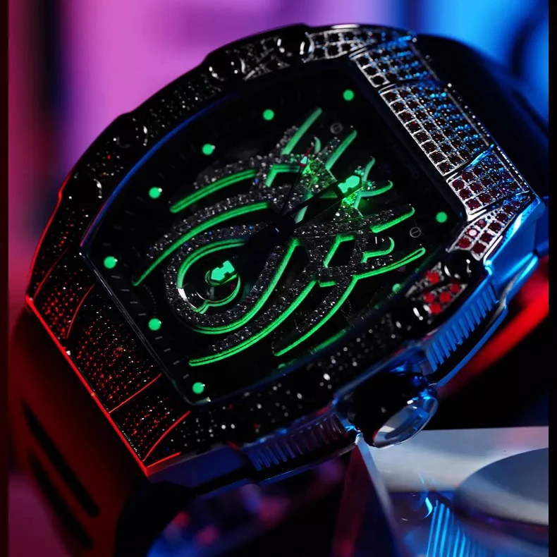 HANBORO Men Automatic Watch Tonneau Luxury Mechanical Wristwatch 5Bar Waterproof Skeleton Crystal Spider Dial & Bezel