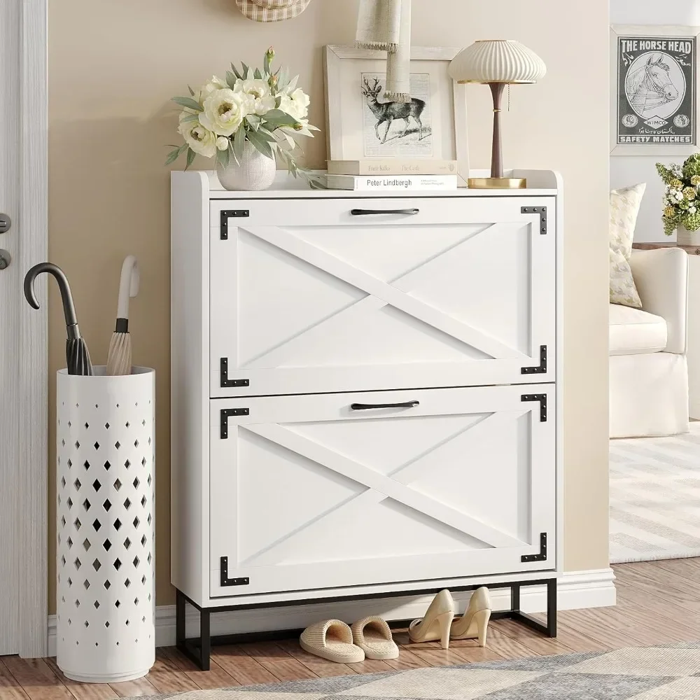 

Shoe Storage Cabinet with 2 Flip Drawers, Freestanding Organizer with Metal Legs for Entryway, Narrow Shoe Rack Cabinet