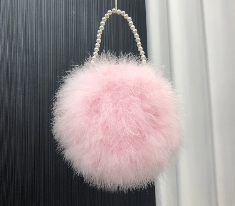 Real Ostrich Feather Handbag for Women Mini Purse Clutch with Pearl Chain Luxury Evening Party Round Bag
