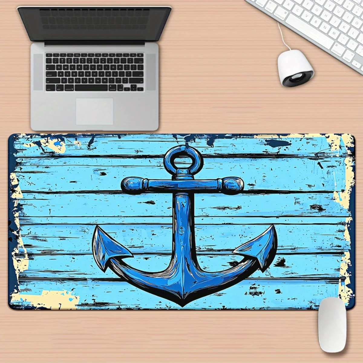 Nautical Anchor on Weathered Blue Wood Extended Gaming Mousepad Durable Rubber Desk Mat for Office and PC