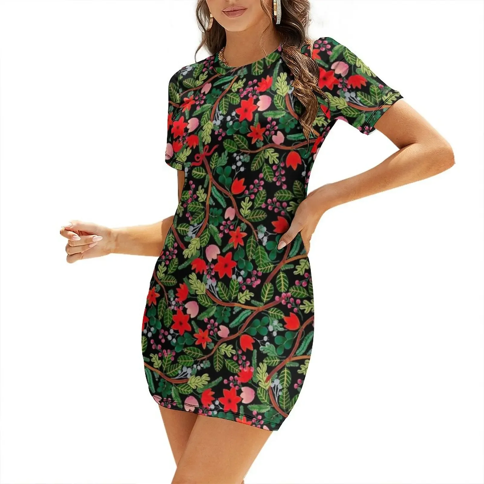 

Christmas Floral Pattern Black Short-Sleeved Dress woman dress dress summer 2025 women for women 2025