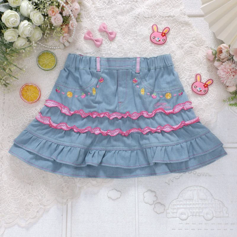 Japońska Słodka Lolita Mini Spódniczka Jeansowa Damska Kawaii Haft Falbanki Tort Spódniczki Letnia Moda Damska Y2K Spódniczki na Imprezę