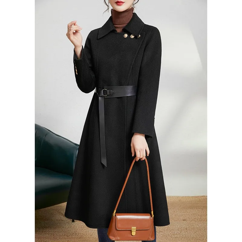 

Double-sided fleece coat women's long woolen Hepburn style new