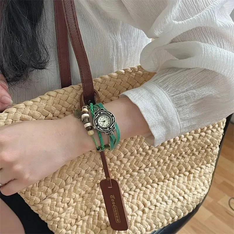 Разноцветные женские кожаные винтажные кварцевые часы-браслет, наручные часы, подарок в виде листа