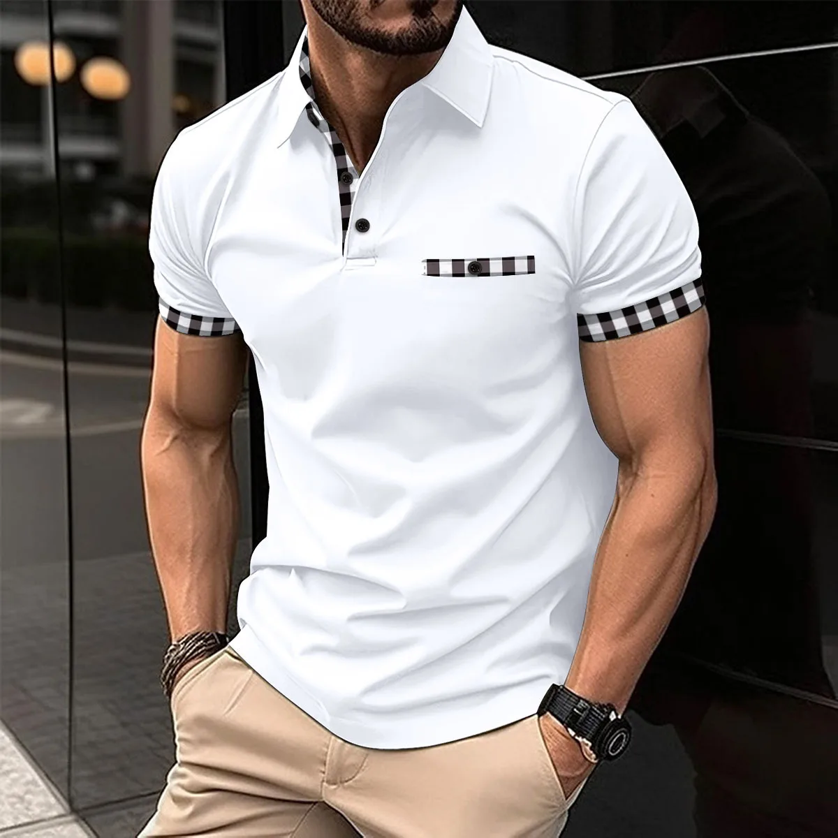 Summer's latest Fashion Men's checkered POLO shirt pocket Men's sports polo Shirt Loose breathable clothing