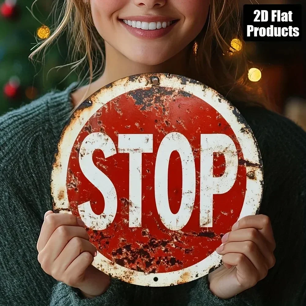 Vintage STOP Sign Theme Round Aluminum Sign, Retro 8 Inch Wall Art for Bar & Garage Decor