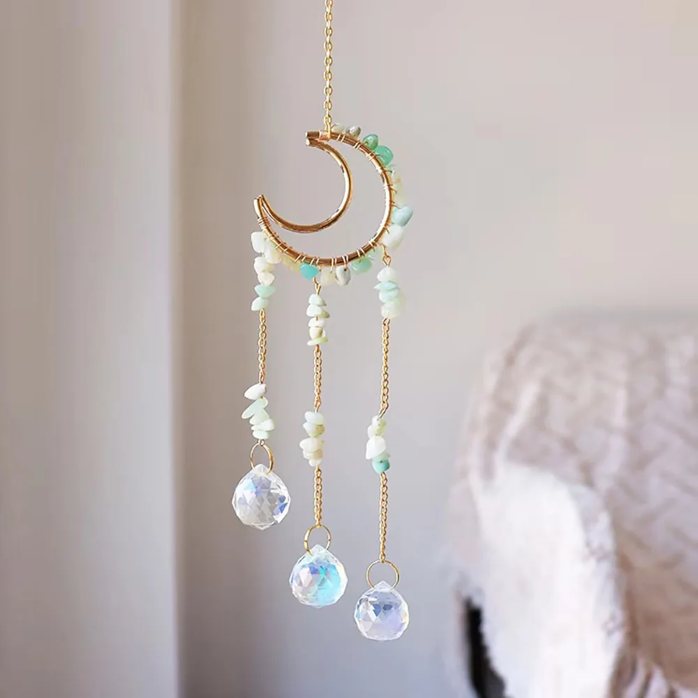 Custom Amazonite Chip Stone Moon Sun Catcher - Glass Ball Pendants Hanging Ornament for Window Decor