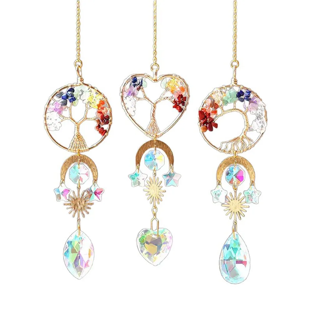 Custom Seven Chakra Chip Stone Tree of Life Sun Catcher - Glass Pendants Hanging Ornament for Window Decor