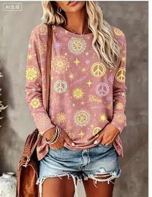 Women Long Sleeve T‑Shirt Hippie Daisy Butterfly Peace Sign Print Crew Neck Loose Casual Daily Tops