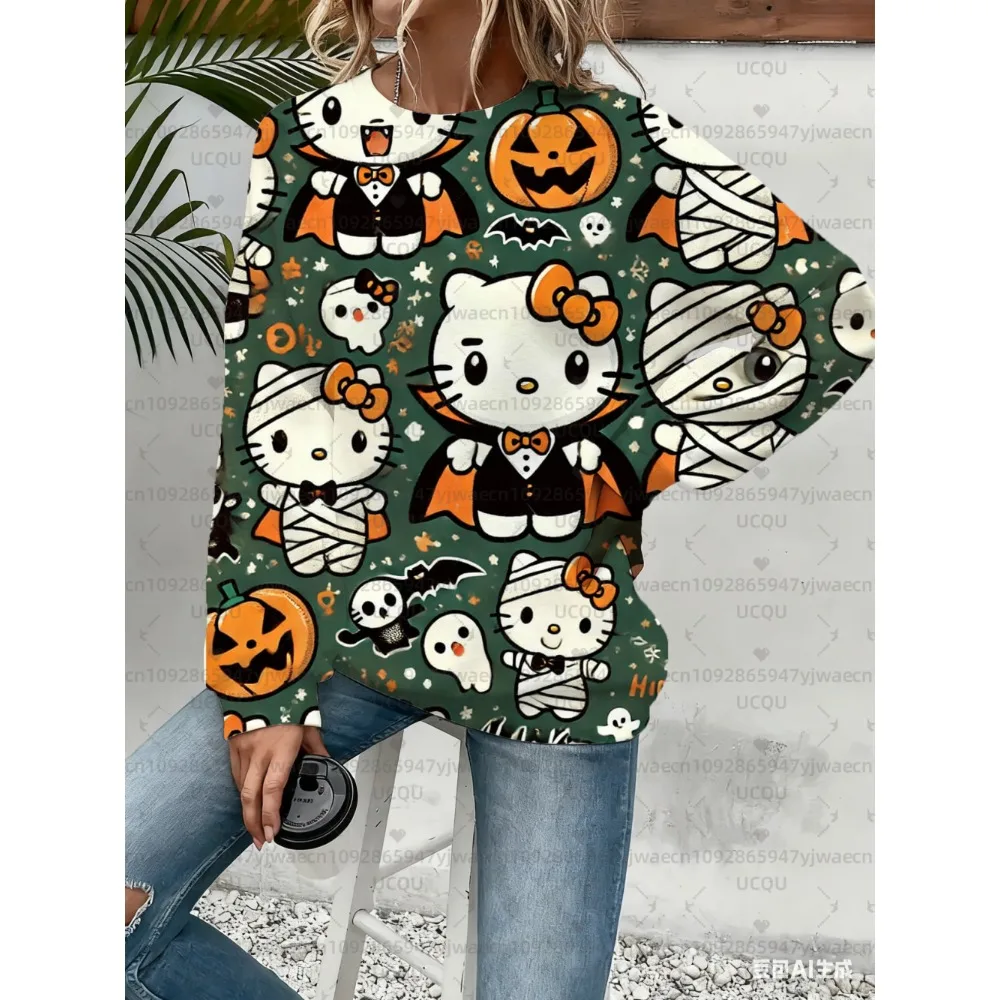 Women's Halloween Hello Kitty Racing Graphic Sweatshirt Black Casual Pullover Fall/Winter Outdoor Activities Men's Sweatshirt