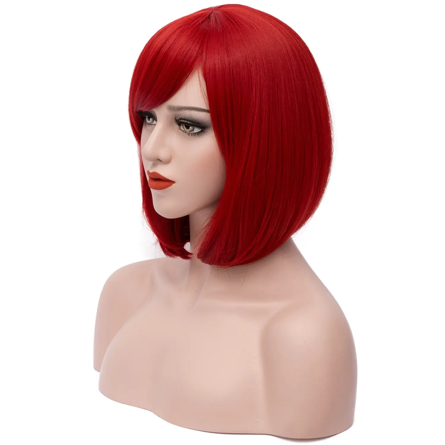Perruque synthétique courte avec frange pour femme, cheveux lisses, coupe au carré, rouge, naturel, mignon, pour fête de 03 et Halloween