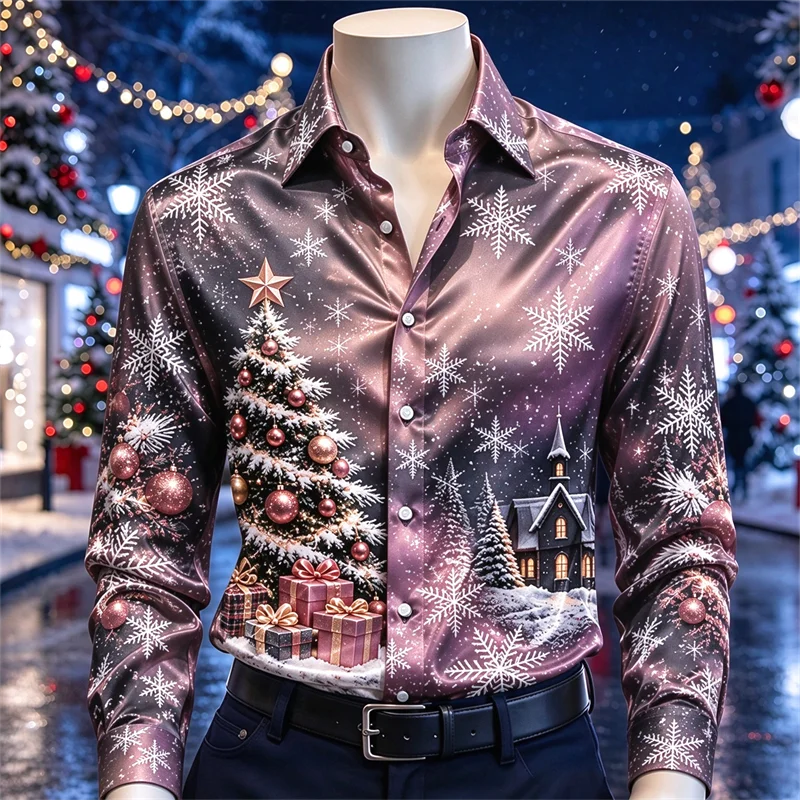 1. New Men's Shirt Blue Purple Starry Sky Christmas Tree Gift Box Snow View Snowflake Hanging Ball Printed Shirt