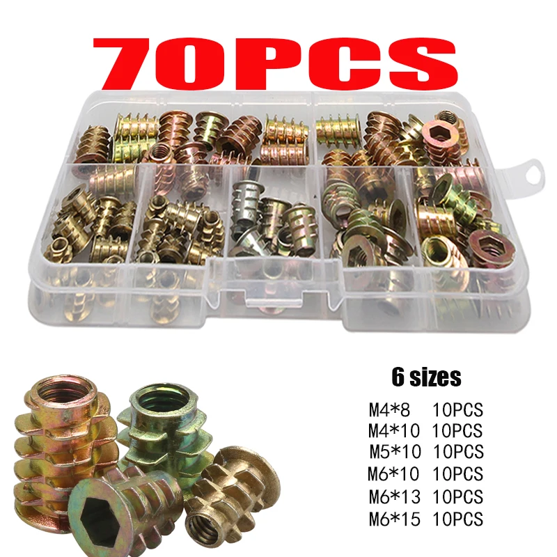 

70PCS Assorted Flanged Hex Drive Head Furniture Nuts M4 M5 M6 Zinc alloyl Thread For Wood Insert Nut Rivet Nut