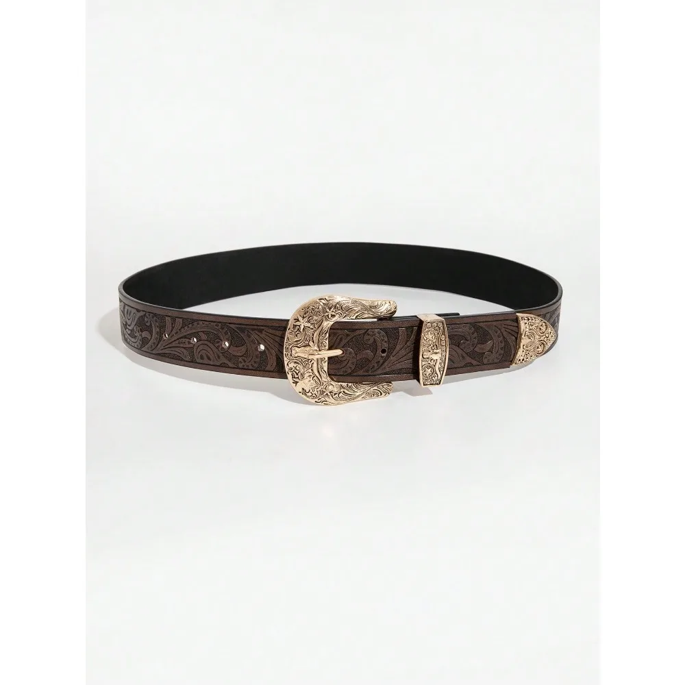 1Pcs Retro Western-style Metal Bull Head Buckle Dragon Pattern Embossed PU Leather Belt Suitable for Daily Outings